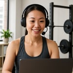 An asian woman in her 30s in fitness clothes inside an office with barbells in the back with a headset showing the back of a laptop-1 An asian woman in her 30s in fitness clothes inside an office with barbells in the back with a headset showing the back of a laptop-1