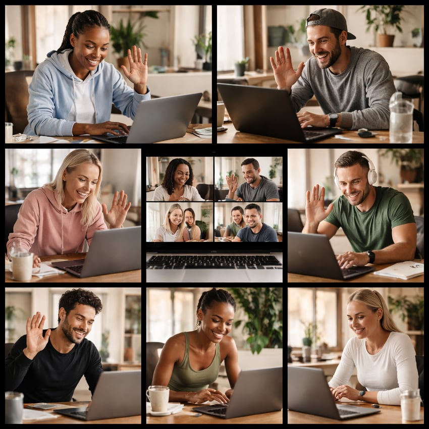 analogfilm a grid of pictures of people in active fitness clothes sweatshirts and tshirts in their office space and laptops having a video cal with ea-1